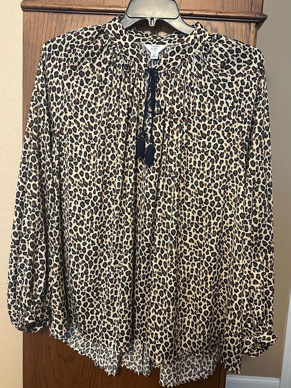 Crown & Ivy Leopard Print Tassel Tie Blouse - Brown, Tan, & Navy Blue